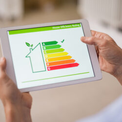 Hand holding digital tablet and looking at house efficiency rating. Detail of house efficiency rating on digital tablet screen. Concept of ecological and bio energetic house. Energy class.